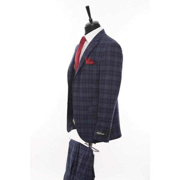Derman Double Breasted Navy Square Patterned Fabric 3 Piece Suit - Picture 4 of 6